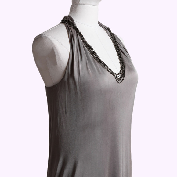 YIGAL AZROUEL Grey Rayon V Neck Dress with Chains - Picture 4 of 4